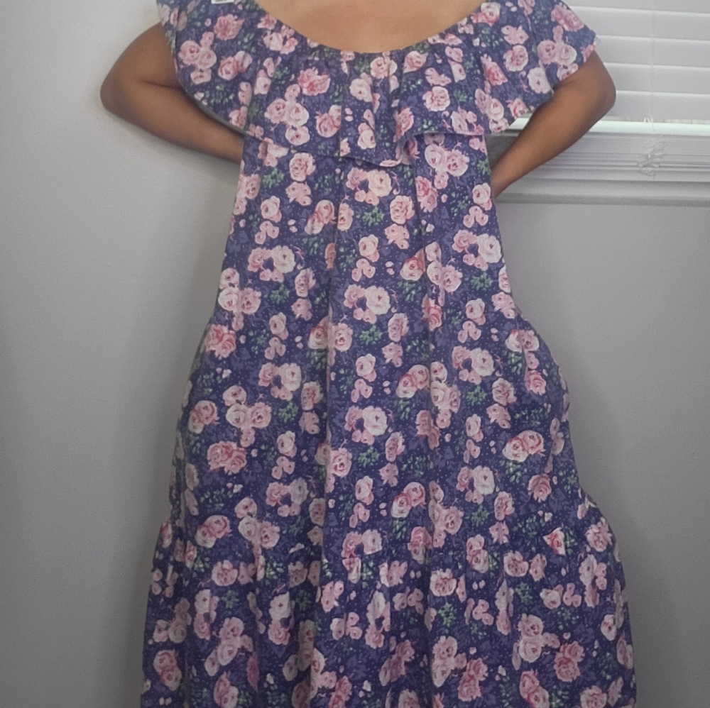 Vintage 70s Off The Shoulder Cabbage Rose Floral Dress - Picture 4 of 12